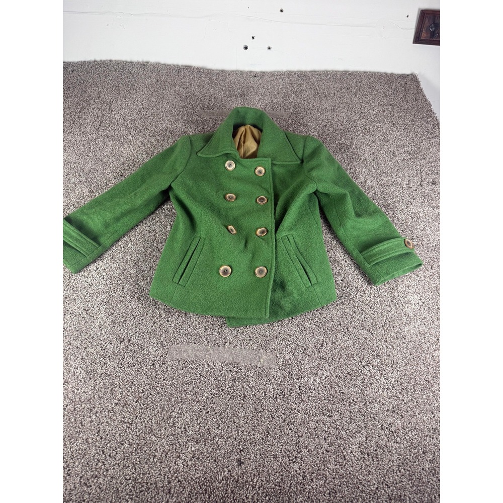 CAbi Double Breasted Pea Coat Jacket Women's Green Wool Blend Lined Classic - 4